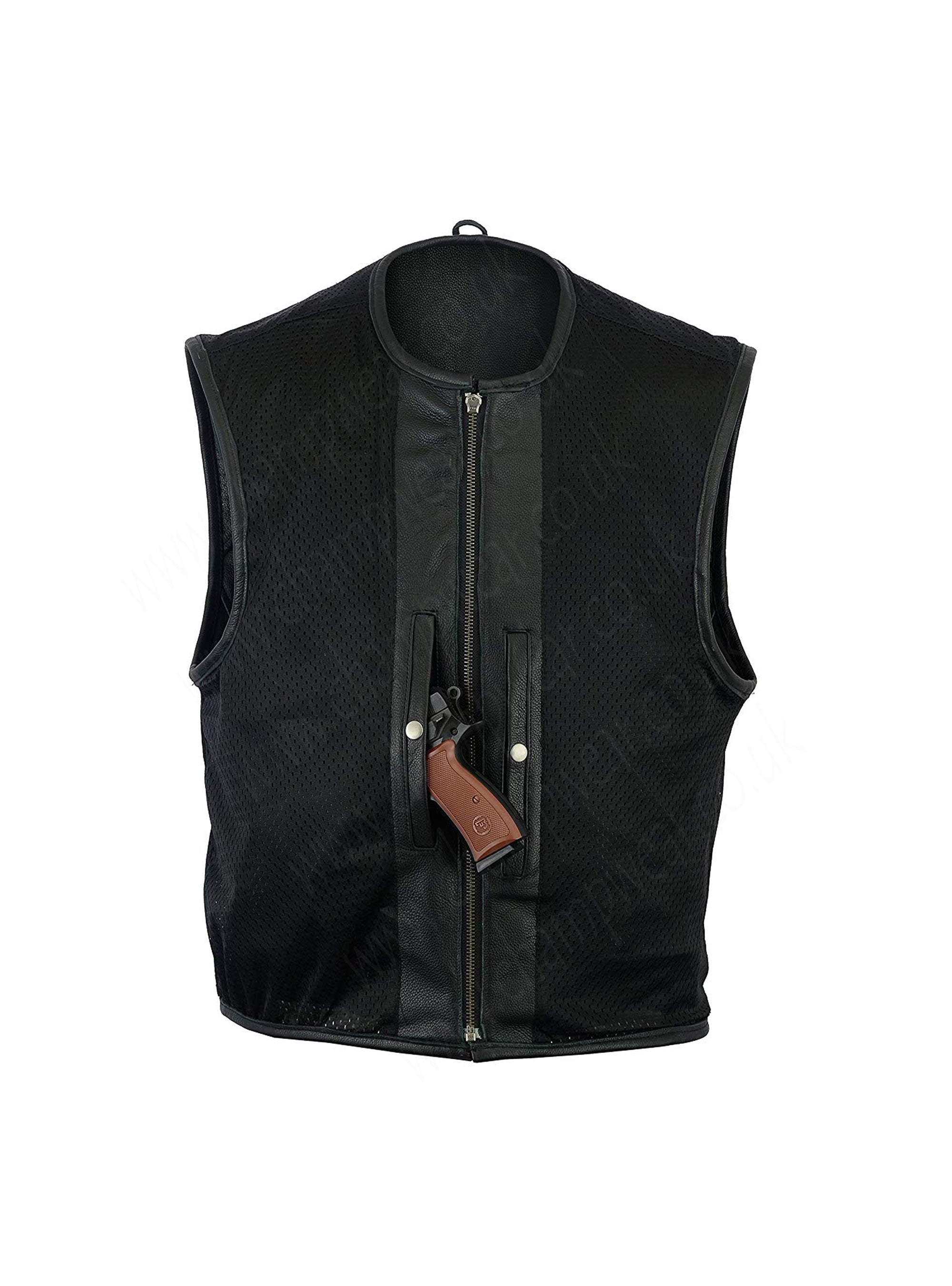 Mens Motorcycle Biker Classic Vest Genuine Cowhide Leather Vest With Gun Pocket