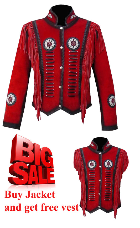 Western Ruby Fringed Leather Jacket With FREE Matching Vest
