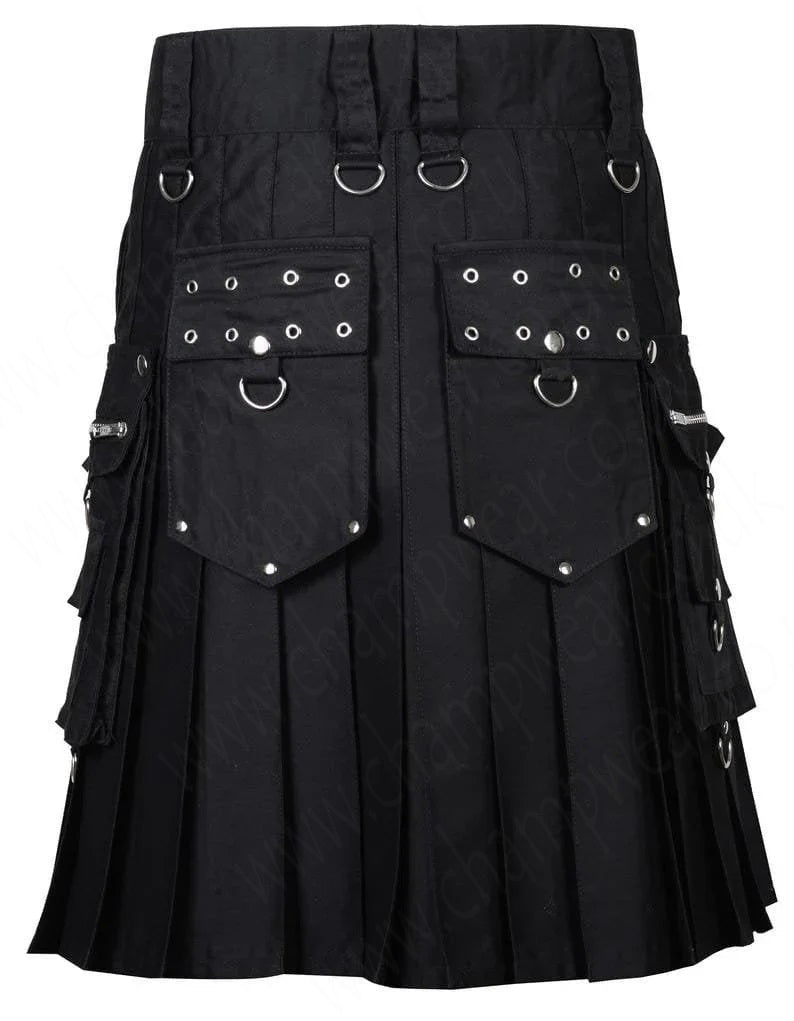 Black Gothic Kilt Detachable Pockets Modern Gothic Fashion Kilt