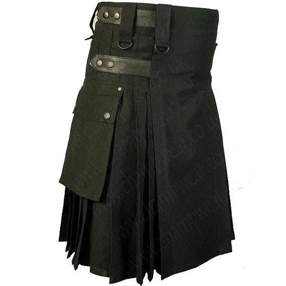 Black Cotton Utility Tactical Cargo Pockets Kilt