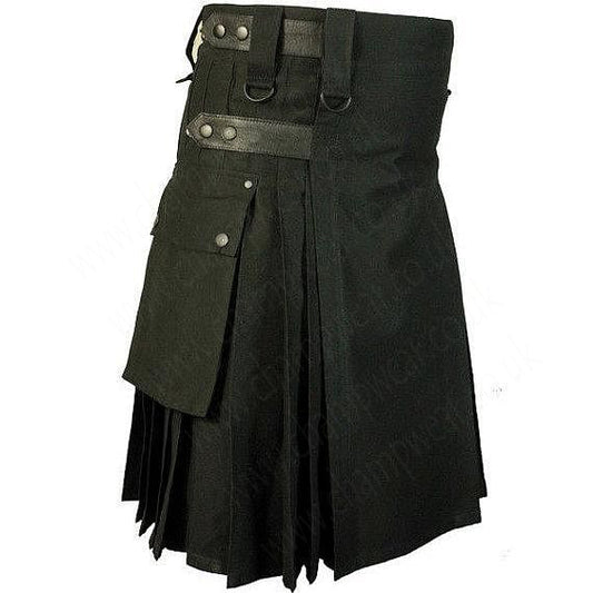 Black Cotton Utility Tactical Cargo Pockets Kilt