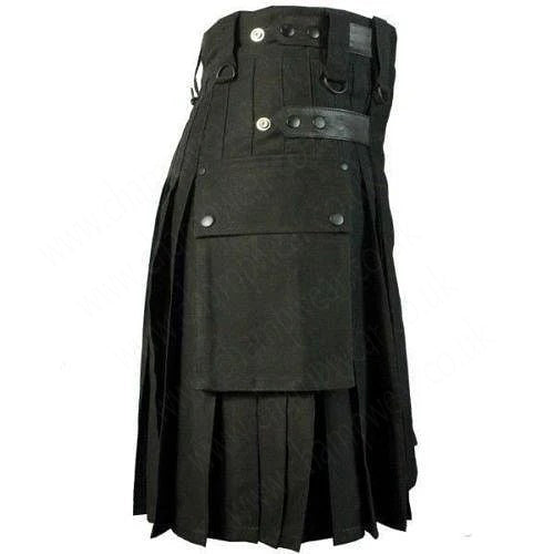 Black Cotton Utility Tactical Cargo Pockets Kilt