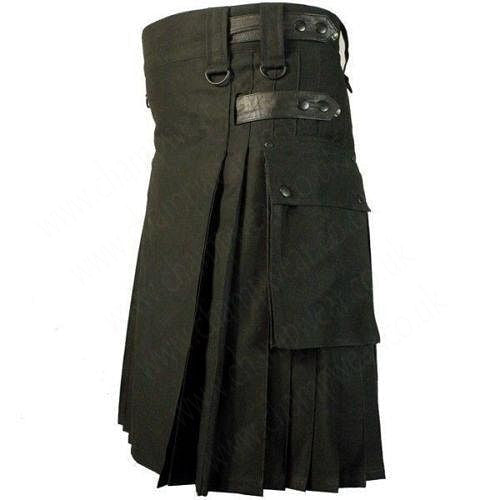 Black Cotton Utility Tactical Cargo Pockets Kilt