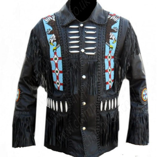 Black Leather Handmade Eagle Beaded Fringe Leather Jacket