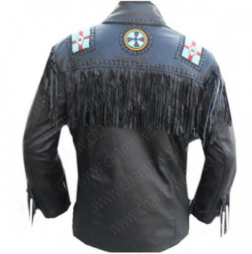 Black Leather Handmade Eagle Beaded Fringe Leather Jacket