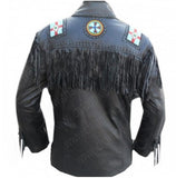 Black Leather Handmade Eagle Beaded Fringe Leather Jacket