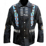 Black Leather Handmade Eagle Beaded Fringe Leather Jacket