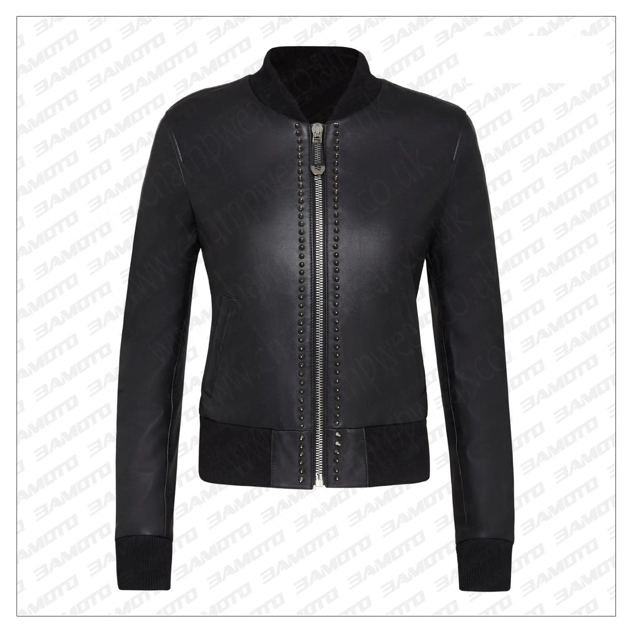 Black Leather Studded Bomber Jacket