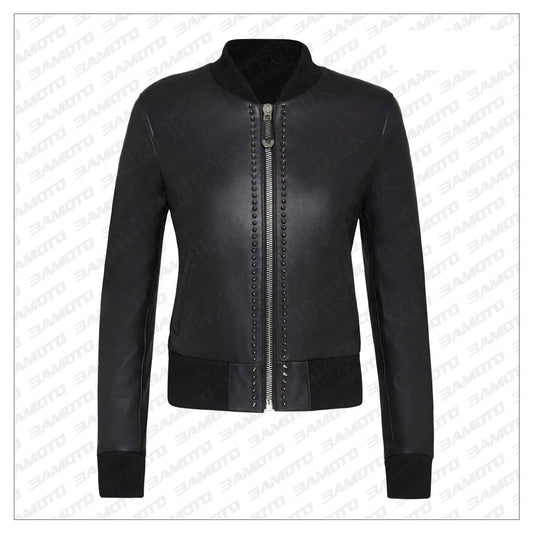 Black Leather Studded Bomber Jacket