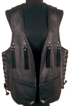 Black Leather Western Biker Vest with Tassel Accents