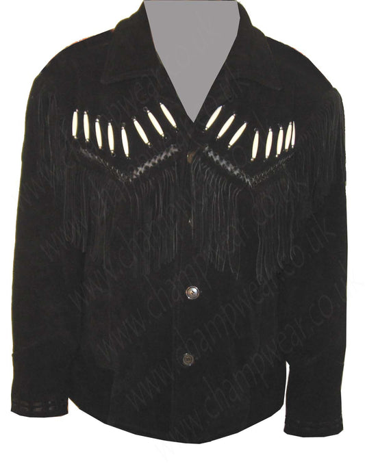 Black Suede Western Leather Jacket with black braiding