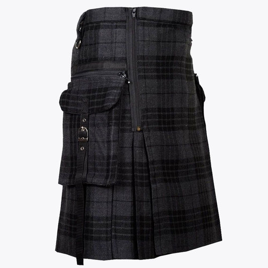 Black Tartan Utility Kilt for Men – Modern Workwear Kilt with Cargo Pockets