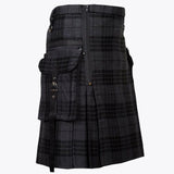 Black Tartan Utility Kilt for Men – Modern Workwear Kilt with Cargo Pockets