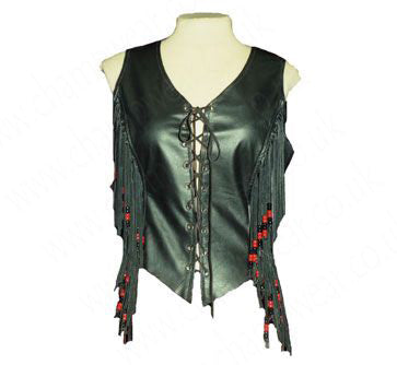 Black fringe leather vest with red beads