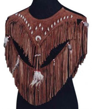 Brown Suede Fringe Poncho with Beaded Chevron Design and Feather Accents