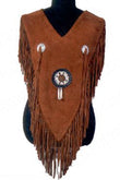 Brown Suede Western Poncho with Fringe, Beads & Tribal Stitching