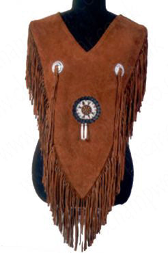 Brown Suede Western Poncho with Fringe, Beads & Tribal Stitching