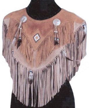 Brown Suede Western Poncho with Santa Fe Collar Fringe & Beaded Concho Detailing