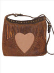 Brown leather shoulder bag with heart patch and fringes