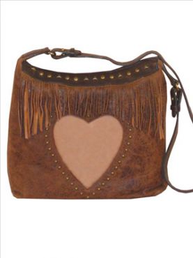 Brown leather shoulder bag with heart patch and fringes