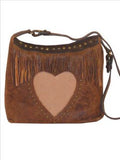Brown leather shoulder bag with heart patch and fringes