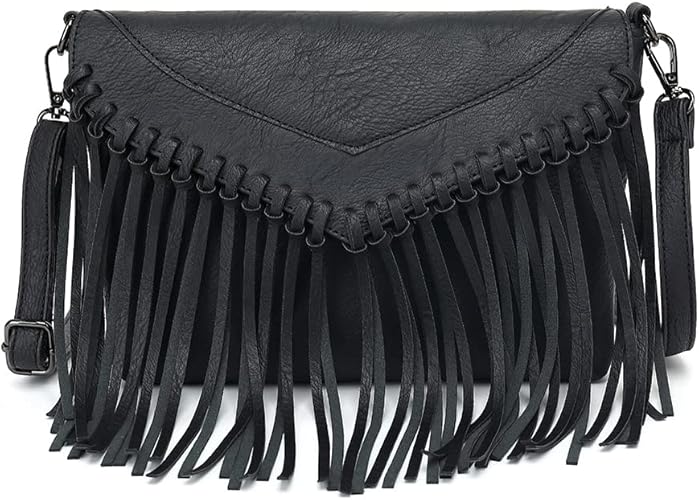 Fringe Purse for Women Vintage Leather Black Tassel Shoulder Handbag