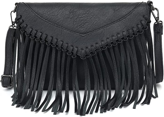 Fringe Purse for Women Vintage Leather Black Tassel Shoulder Handbag