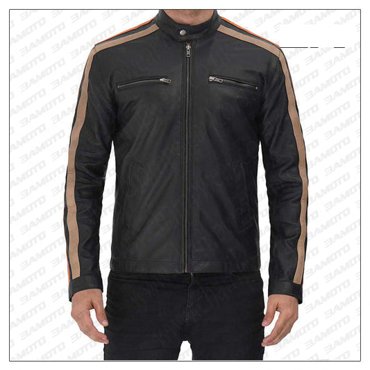 Harland Stripe Black Leather Cafe Racer Style Jacket
