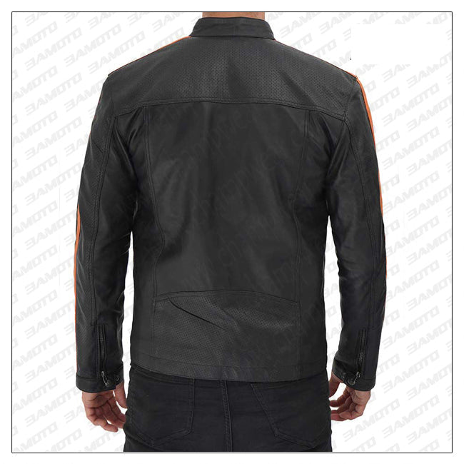 Harland Stripe Black Leather Cafe Racer Style Jacket