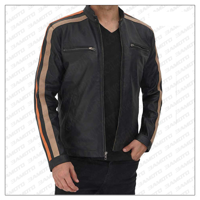 Harland Stripe Black Leather Cafe Racer Style Jacket