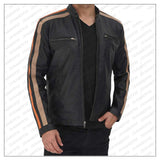 Harland Stripe Black Leather Cafe Racer Style Jacket