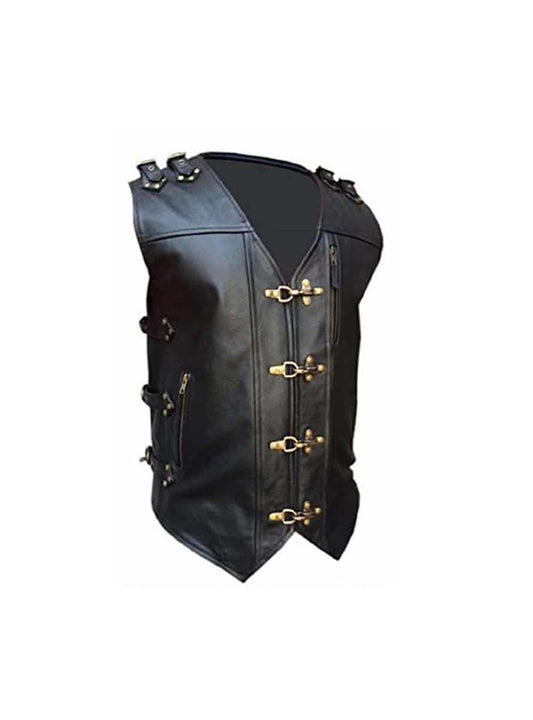 MENS BIKER STYLE VEST BLACK LEATHER HEAVY DUTY MOTORCYCLE WAISTCOAT