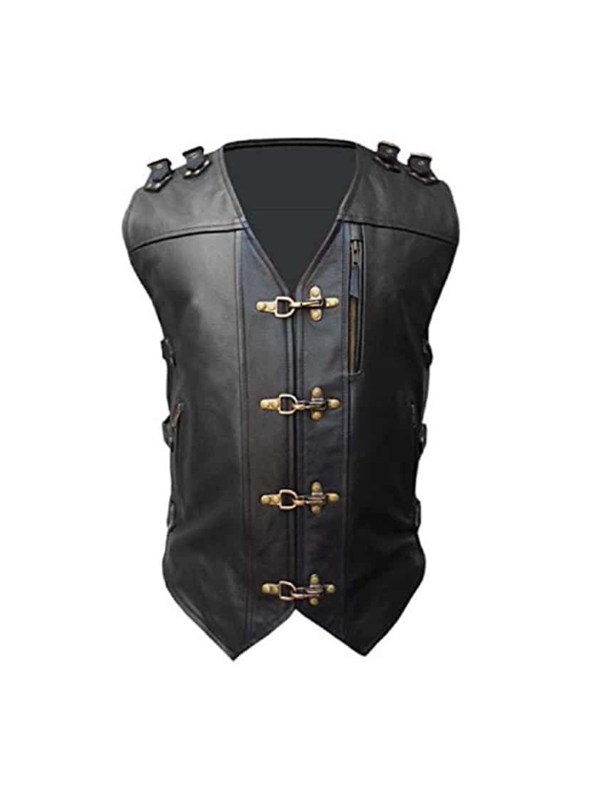 MENS BIKER STYLE VEST BLACK LEATHER HEAVY DUTY MOTORCYCLE WAISTCOAT