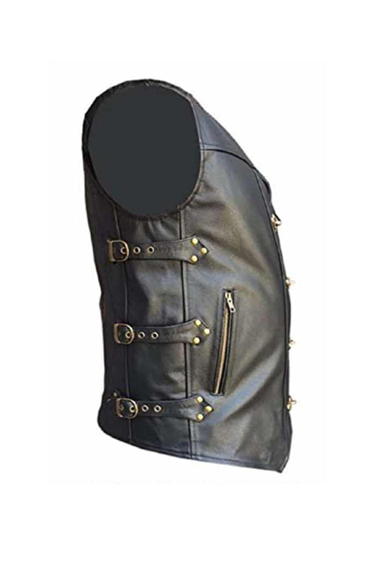 MENS BIKER STYLE VEST BLACK LEATHER HEAVY DUTY MOTORCYCLE WAISTCOAT