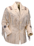 Men Beige Western Leather Jacket Hand Braiding, Lacing with Fringes