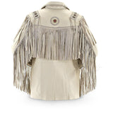 Men Beige Western Leather Jacket Hand Braiding, Lacing with Fringes