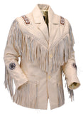 Men Beige Western Leather Jacket Hand Braiding, Lacing with Fringes