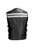 Men Cowhide Leather Motorcycle Biker Vest Reflective Stripes Black