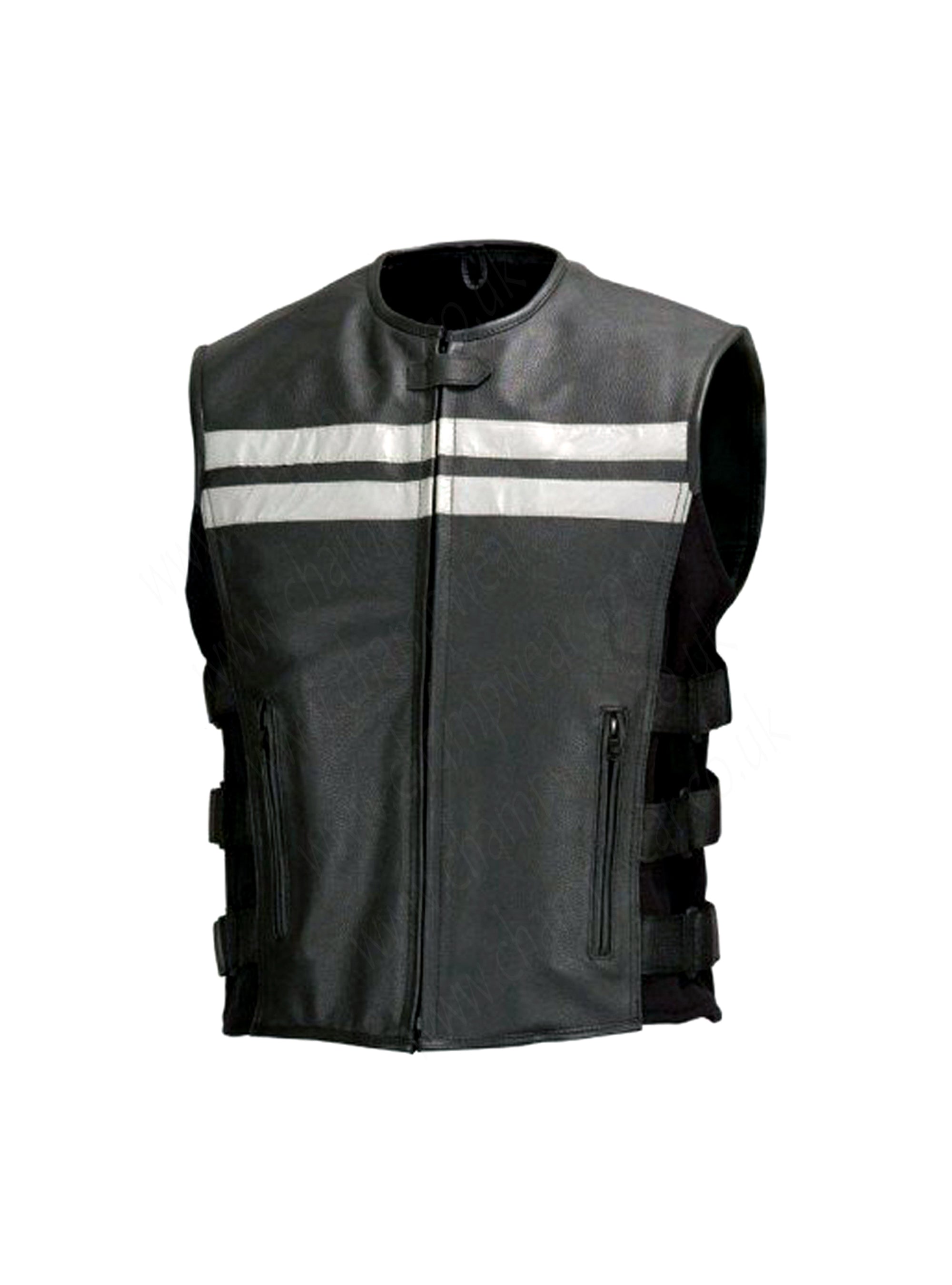 Men Cowhide Leather Motorcycle Biker Vest Reflective Stripes Black