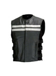 Men Cowhide Leather Motorcycle Biker Vest Reflective Stripes Black