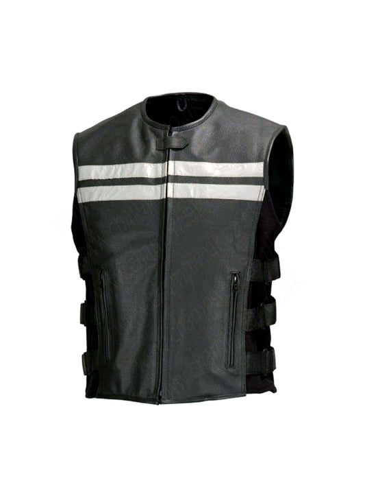 Men Cowhide Leather Motorcycle Biker Vest Reflective Stripes Black