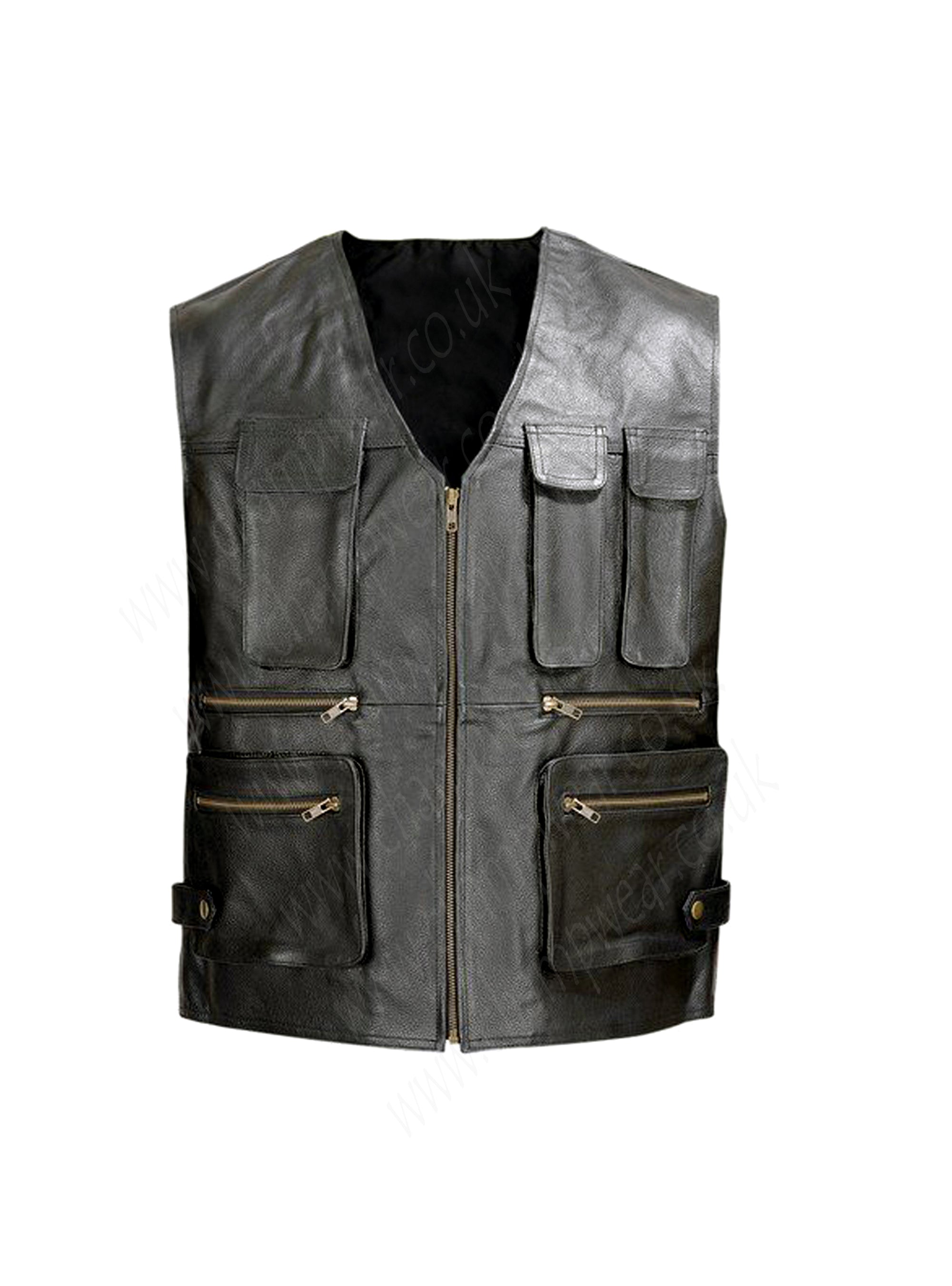 Men Leather Motorcycle Biker Tactical Vest 8 pockets Black by Wicked