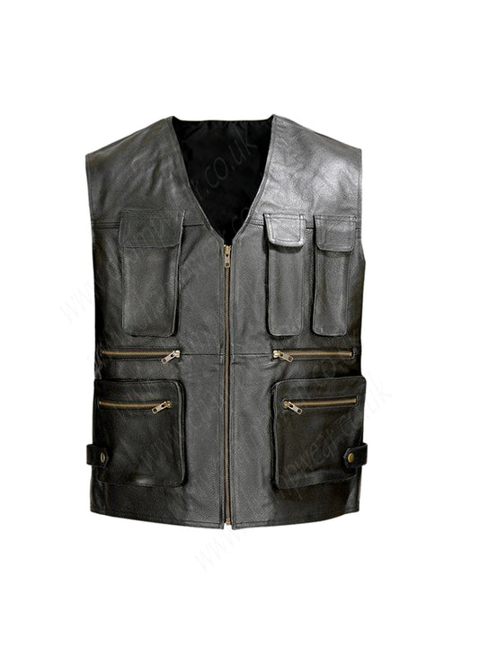 Men Leather Motorcycle Biker Tactical Vest 8 pockets Black by Wicked