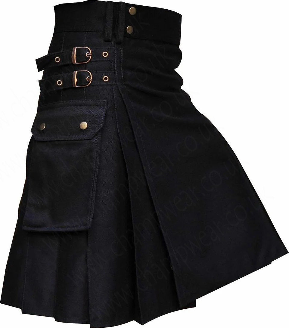 Men's Black Utility Traditional Scottish Kilt With Cargo Pockets