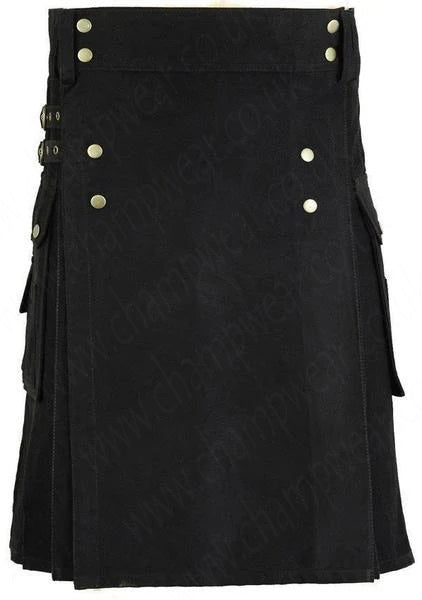 Men's Stylish Black Cotton Wedding Utility Kilt