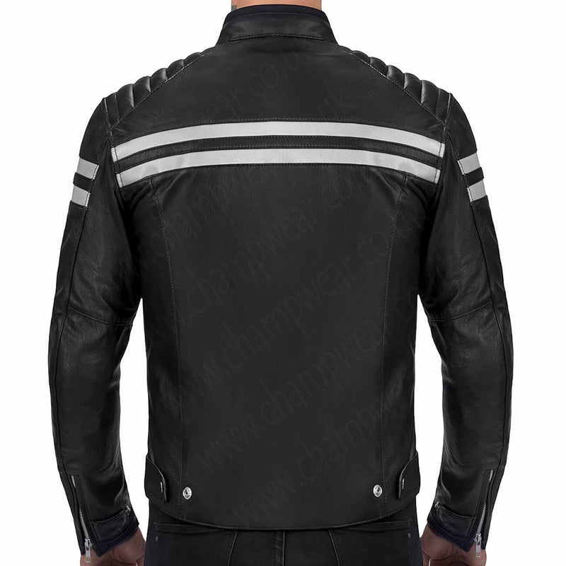 Mens Black Leather Jacket With White Straps