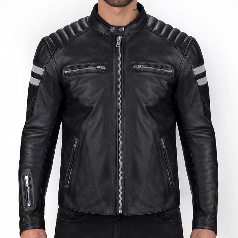 Mens Black Leather Jacket With White Straps