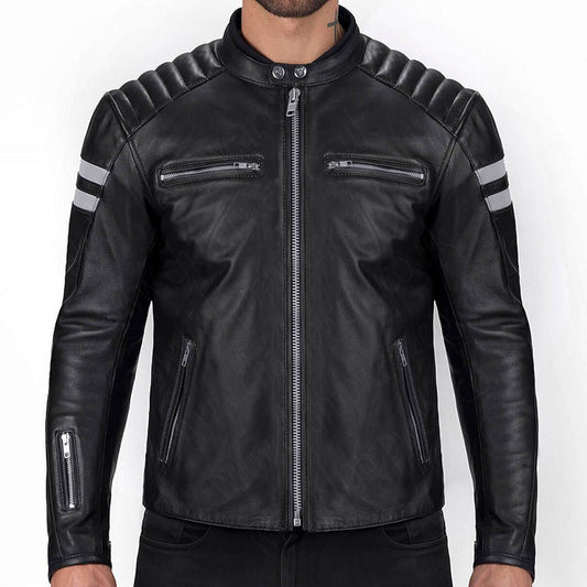 Mens Black Leather Jacket With White Straps