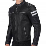 Mens Black Leather Jacket With White Straps