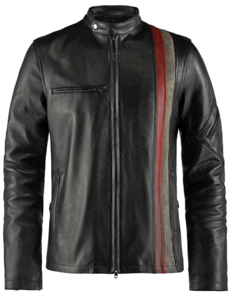 Mens X Black Vintage Racer Red & White Strip Motorcycle Biker Leather Jacket